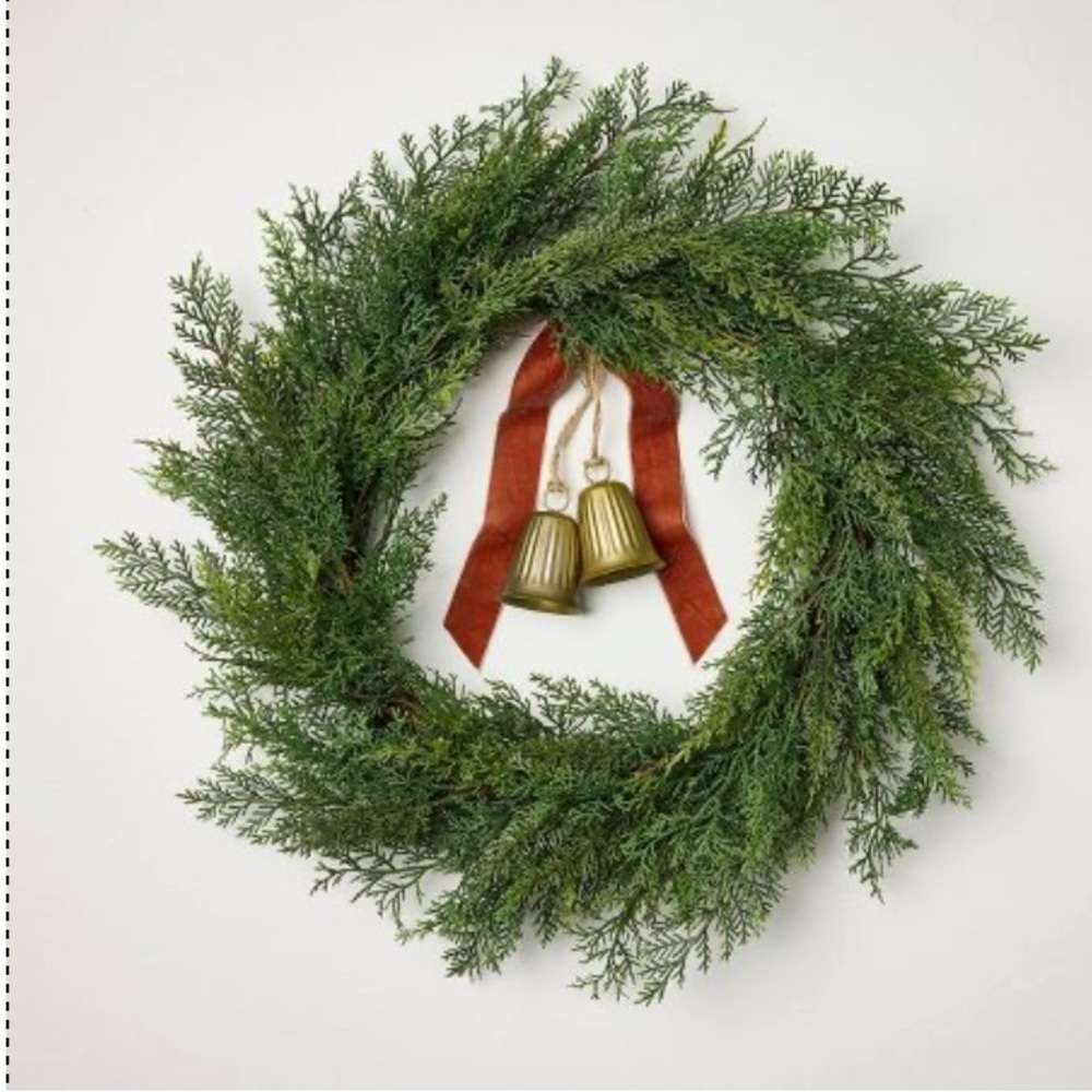 NWT 26" Hearth and Hand Cypress with Brass Bell and Red Ribbon Christmas Wreath